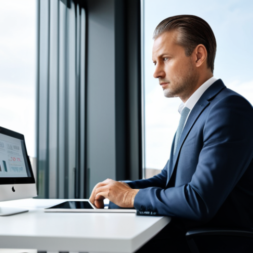 Home 6 A focused professional property manager, wearing a modest business suit, seated at a sleek, minimalist desk in a modern, well-lit office. On the desk, a digital tablet displays complex data analytics and intelligent system dashboards, reflecting AI integration and efficient management. Through a large window, a clean, contemporary residential building with sustainable design elements is visible in the background. The manager exhibits a thoughtful, competent expression, embodying innovation and strategic planning. perfect anatomy, correct proportions, natural pose, well-formed hands, proper finger count, natural body proportions, professional photography, high resolution, detailed, safe for work, appropriate content, fully clothed, professional dress, modest clothing.